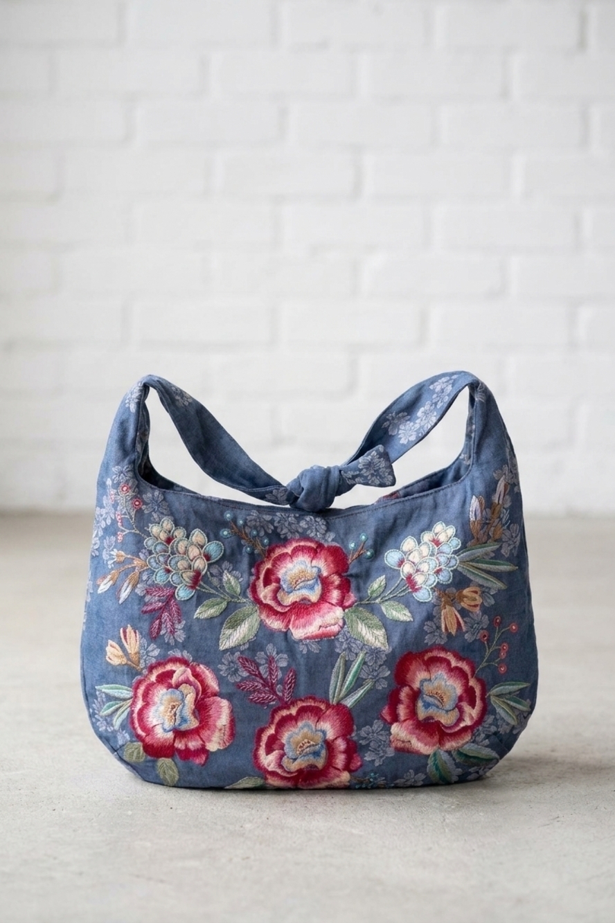 NEW JOHNNY WAS women's elsarose crossbody bag in miranda jacquard denim